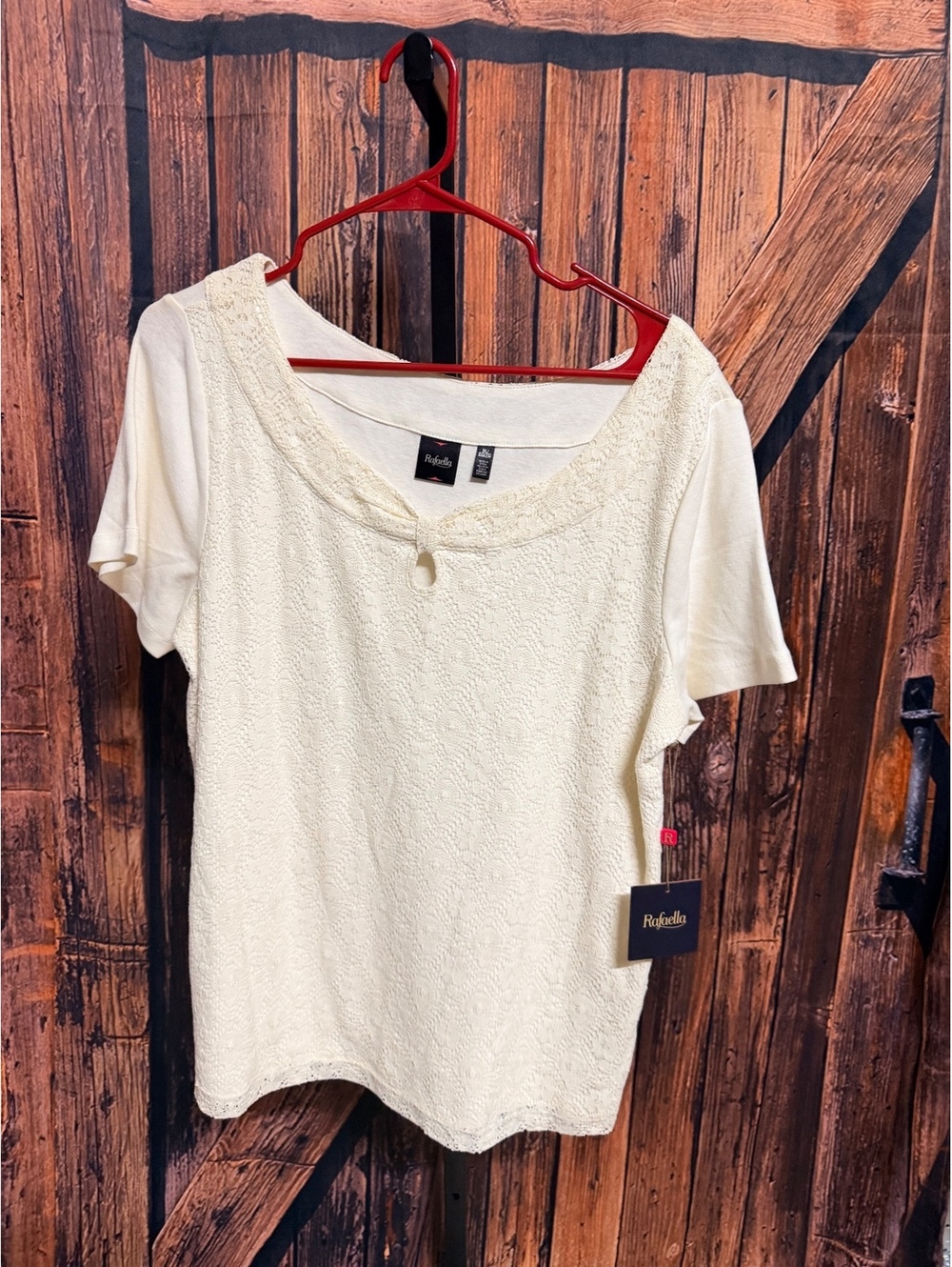 Rafaella Women's Cream Lace Detail Short Sleeve Top Size XL